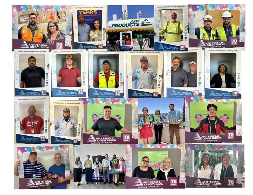 Collage of happy members holding the 70th Anniversary Sign